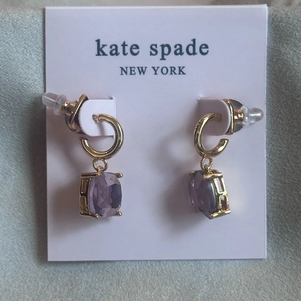 Kate Spade Gold Huggie Earrings with Purple Stones NEW‎